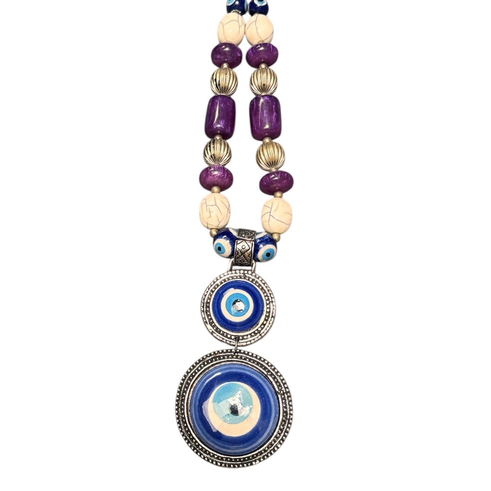 Oversized Evil Eye Statement Chunky silver Necklace, Artisan Beaded, Boho, Chic